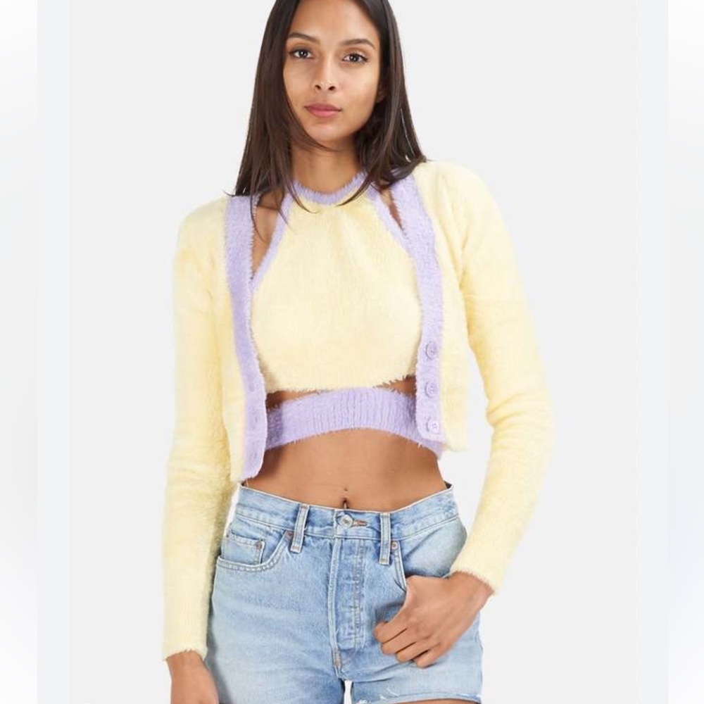 For Love and Lemons Faux Mohair Cropped Cardigan Yellow S NEW$170